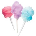 A trio of colored cotton candy on a stick